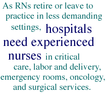 As RNs retire or leave to practice in less demanding settings, hospitals need experienced nurses in critical care, labor and delivery, emergency rooms, oncology, and surgical services.