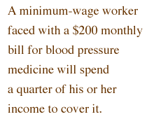 A minimum-wage worker faced with a $200 monthly bill for blood pressure medicine will spend a quarter of his or her income to cover it.