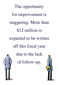 The opportunity for improvement is staggering. More than $12 million is expected to be written off this fiscal year due to the lack of follow-up.