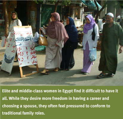 Elite and middle-class women in Egypt find it difficult to have it all. While they desire more freedom in habing a career and choosing a spouse, they often feel pressured to conform to traditional family roles.