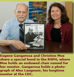Eugene Gangarosa and Christine Moe share a special bond in the RSPH, where Moe holds an endowed chair named for her mentor. Gangarosa holds a photograph of Alex Langmuir, his longtime mentor at the CDC.
