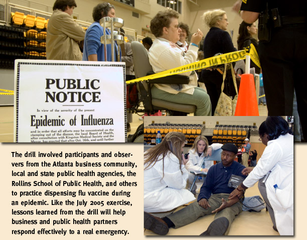 The drill involved participants and observers from the Atlanta business community, local and state public health agencies, the Rollins School of Public Health, and others to practice dispensing flu vaccine during an epidemic.